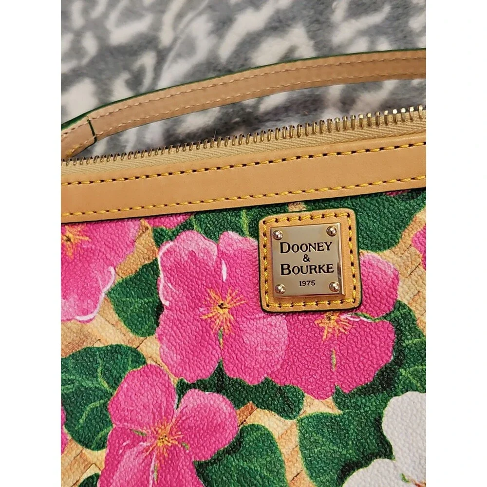 Dooney & Bourke Pink And White Tropical Pansies & Hibiscus Basketweave Wristlet